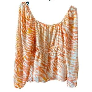 DR2 Zebra Print Chiffon Blouse Square Neck Long Sleeve Peplum Top, Size S‎
